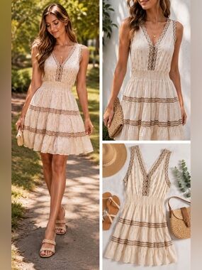 Sleeveless Cream V-Neck Smocked Waist Dress